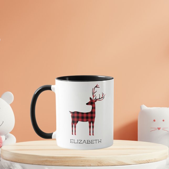 Merry Christmas Reindeer Plaid Gift Black Coffee Mug (Creator Uploaded)