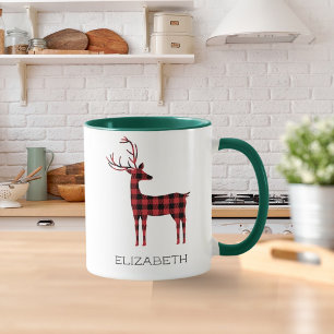 Merry Christmas Reindeer Plaid Gift Green Coffee Mug