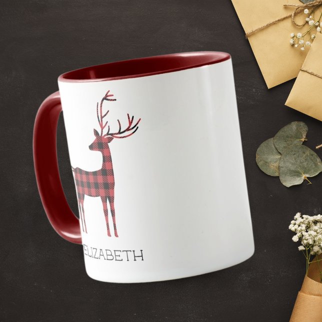 Merry Christmas Reindeer Plaid Gift Maroon Coffee Mug (Creator Uploaded)