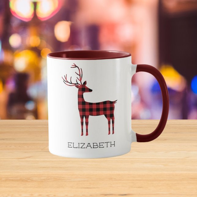 Merry Christmas Reindeer Plaid Gift Maroon Coffee Mug (Creator Uploaded)