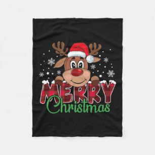 Merry Christmas Reindeer Plaid Xmas Family  Fleece Blanket