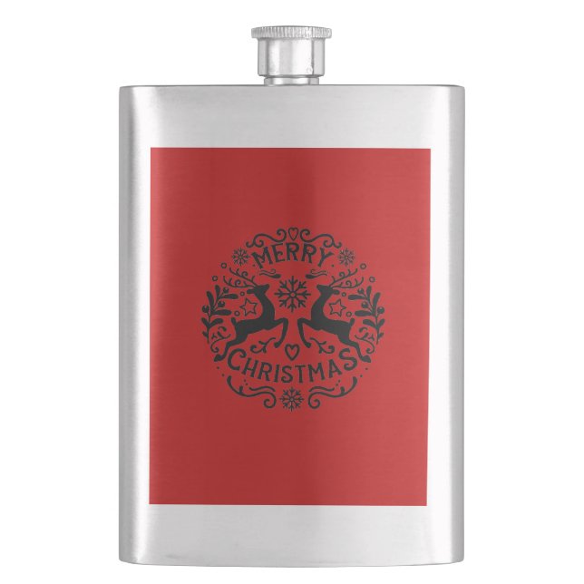 Merry Christmas Reindeer, Red Black Hip Flask (Front)