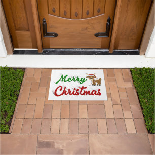 Merry Christmas Reindeer red green script  Doormat