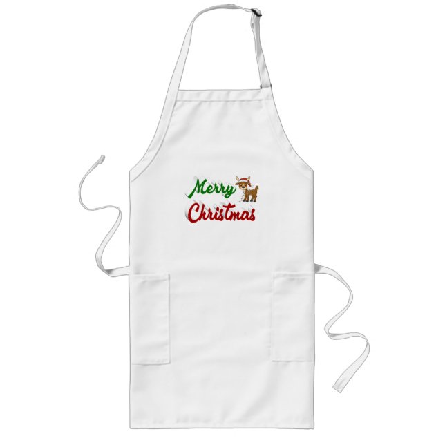 Merry Christmas Reindeer red green script  Long Apron (Front)