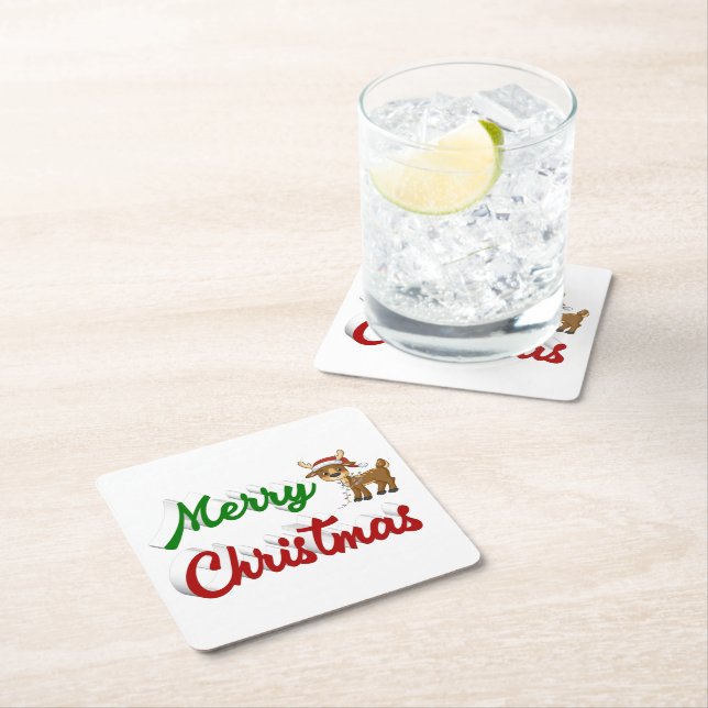 Merry Christmas Reindeer red green script  Square Paper Coaster (Insitu)