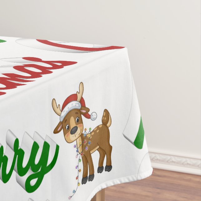 Merry Christmas Reindeer red green script  Tablecloth (In Situ)
