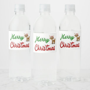Merry Christmas Reindeer red green script Water Bottle Label