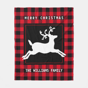 Merry Christmas Reindeer Rustic Red Buffalo Check Fleece Blanket