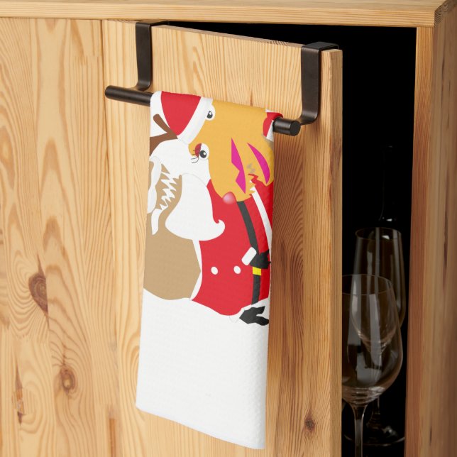 merry christmas, reindeer santa claus dinosaurs tea towel (Thirds Fold)