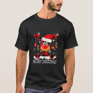Merry Christmas Reindeer Santa Hat Buffalo Red Pla T-Shirt