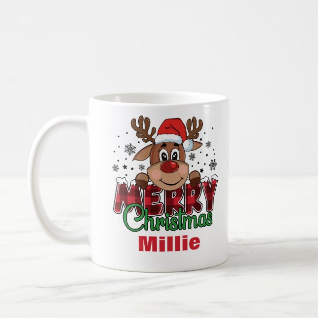 Merry Christmas Reindeer Santa Hat Custom Name Coffee Mug (Left)