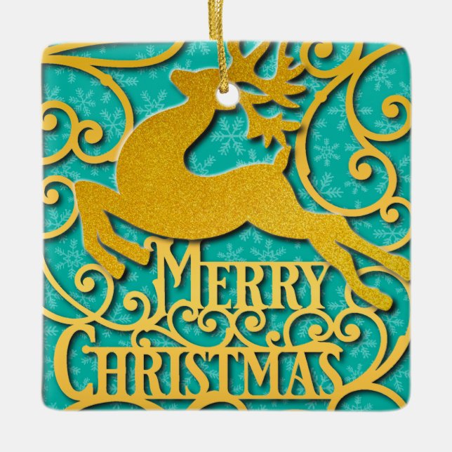 Merry Christmas Reindeer Silhouettes Snowflake Ceramic Ornament (Front)