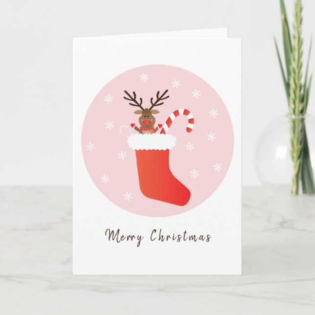 Merry Christmas Reindeer Stocking Candy Cane Card (Front)