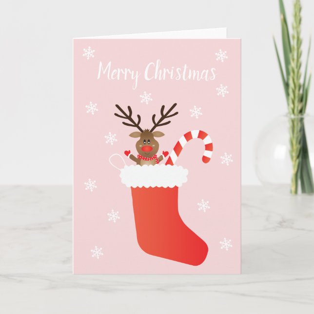 Merry Christmas Reindeer Stocking Candy Cane Card (Front)
