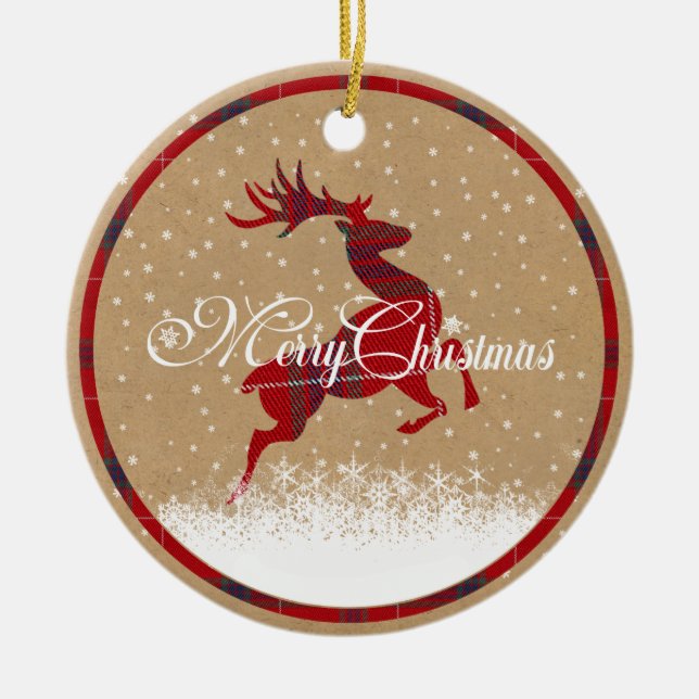 Merry Christmas Reindeer Tartan Red/Kraft ID590 Ceramic Tree Decoration (Front)