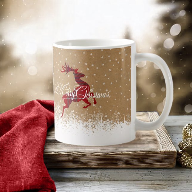 Merry Christmas Reindeer Tartan Red/Kraft ID590 Coffee Mug (Creator Uploaded)