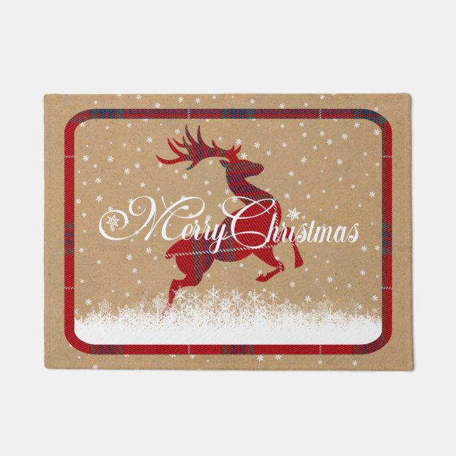 Merry Christmas Reindeer Tartan Red/Kraft ID590 Doormat (Front)