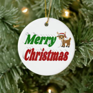 Merry Christmas Reindeer typography   Ceramic Tree Decoration
