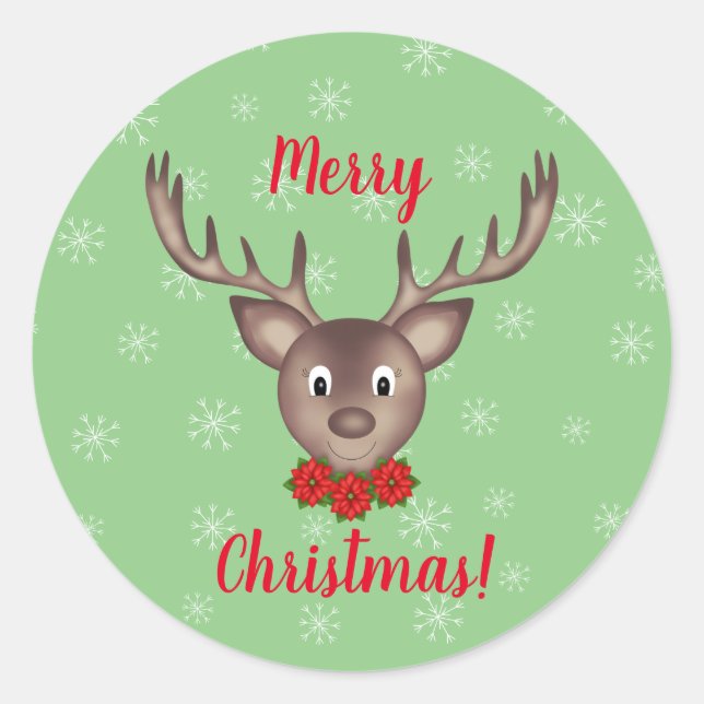 Merry Christmas reindeer with red poinsettia Classic Round Sticker (Front)
