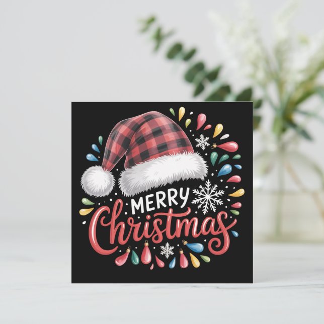 Merry Christmas Reindeer Xmas Family Red Plaid Holiday Card (Standing Front)