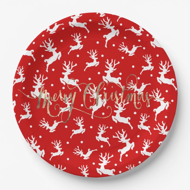 Merry Christmas Reindeers Red   Paper Plate (Front)