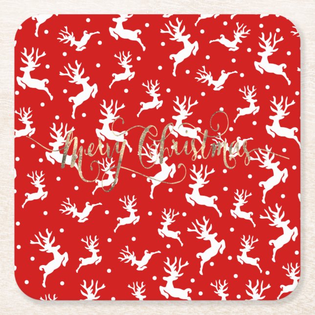 Merry Christmas Reindeers Red  Square Paper Coaster (Front)