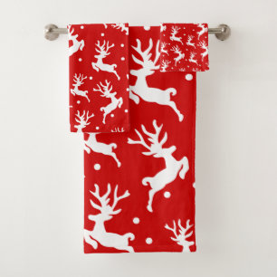 Merry Christmas Reindeers Red Throw Bath Towel Set