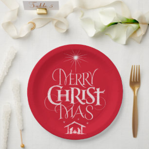 Merry Christmas Religious Calligraphy Chalk Red Paper Plate