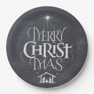Merry Christmas Religious Calligraphy Chalkboard Paper Plate