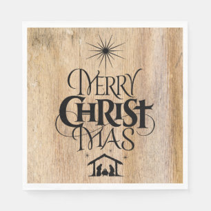 Merry Christmas Religious Calligraphy Rustic Wood Napkin