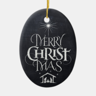 Merry CHRISTmas Religious Chalkboard Calligraphy Ceramic Tree Decoration