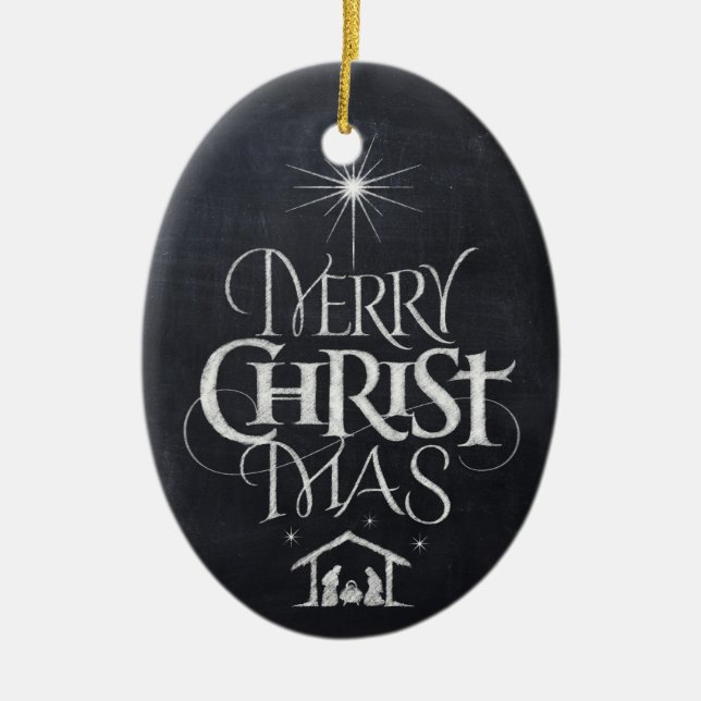 Merry CHRISTmas Religious Chalkboard Calligraphy Ceramic Tree Decoration (Front)