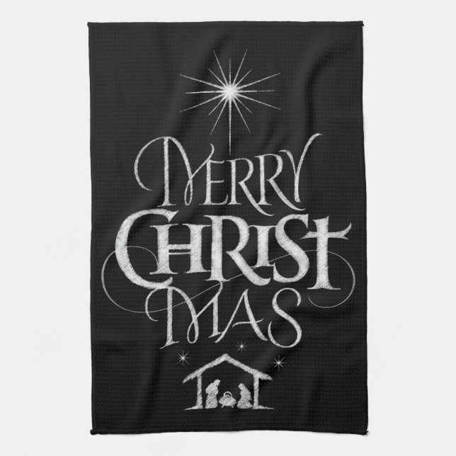 Merry CHRISTmas Religious Chalkboard Calligraphy Tea Towel (Vertical)