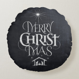 Merry CHRISTmas Religious Chalkboard Nativity Round Cushion
