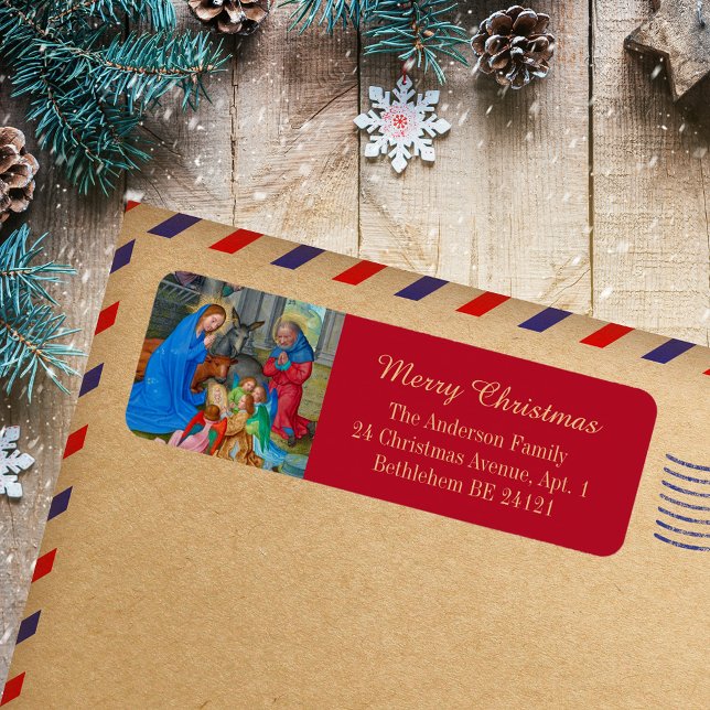Merry Christmas Religious Christian Mediaeval Red (Merry Christmas Nativity Religious Christian Catholic Medieval Red Holiday Return Address Label)