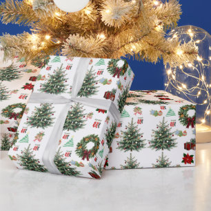 Merry Christmas Repeating Tree Wreath Poinsettia Wrapping Paper