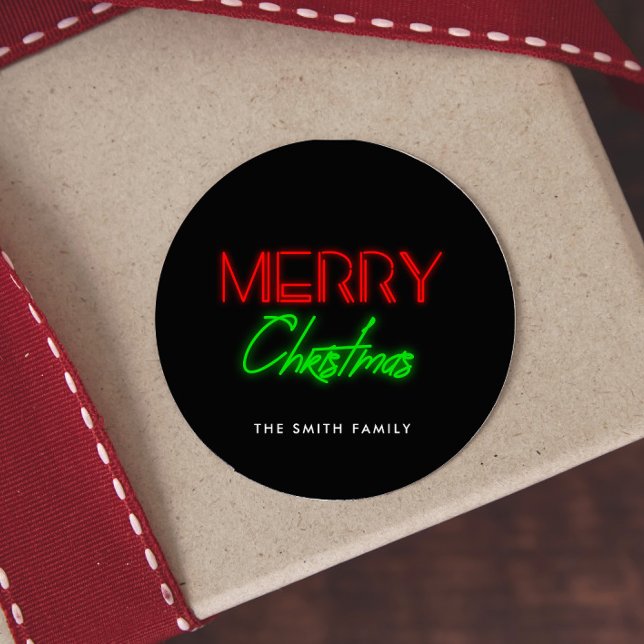 Merry Christmas Retro 80s Neon lights Classic Round Sticker (Creator Uploaded)
