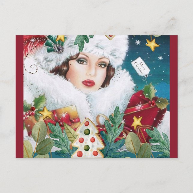 Merry Christmas Retro Art Deco Lady Postcard (Front)