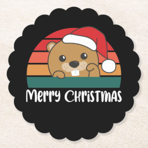 Merry Christmas Retro Beaver Christmas Paper Coaster