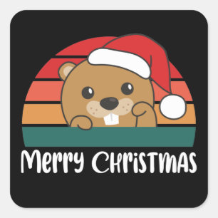 Merry Christmas Retro Beaver Christmas Square Sticker
