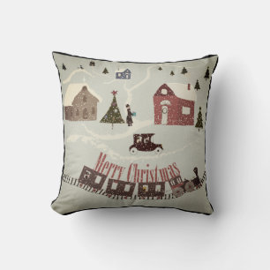 Merry Christmas retro cartoon landscape train hous Cushion