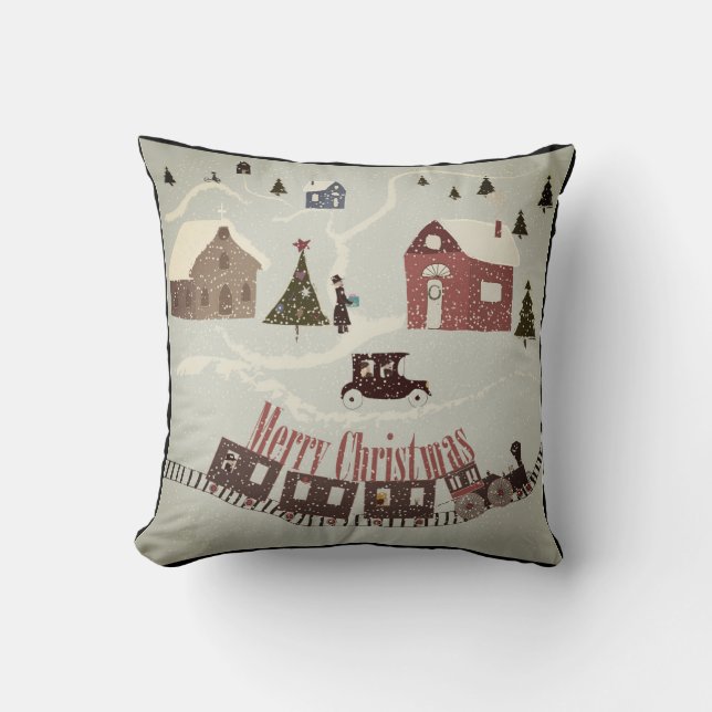 Merry Christmas retro cartoon landscape train hous Cushion (Front)