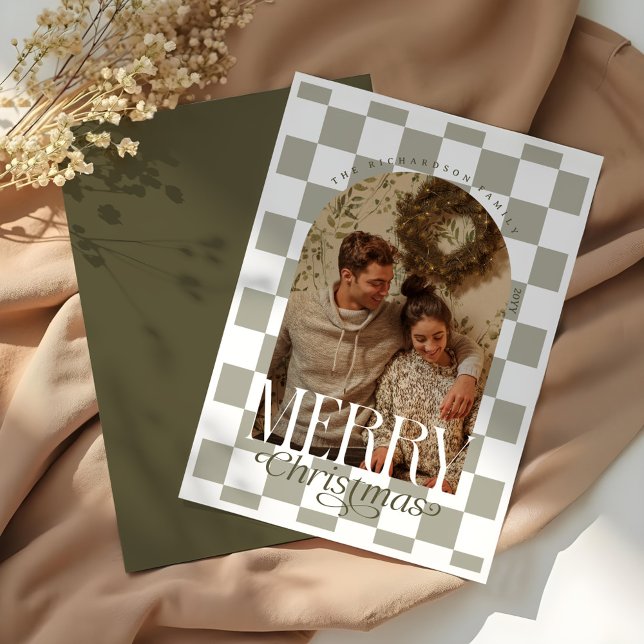 Merry Christmas Retro Chequerboard Arch Photo Holiday Card (Merry Christmas Retro Checkerboard Arch Photo Holiday Card)