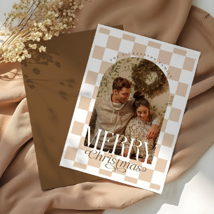 Merry Christmas Retro Chequerboard Arch Photo Holiday Card