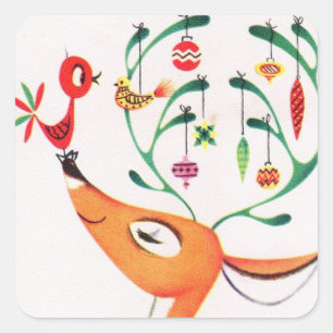 Merry Christmas   Retro Decorated Reindeer Square Sticker