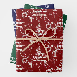 Merry Christmas Retro Doodles Name Wrapping Paper Sheet