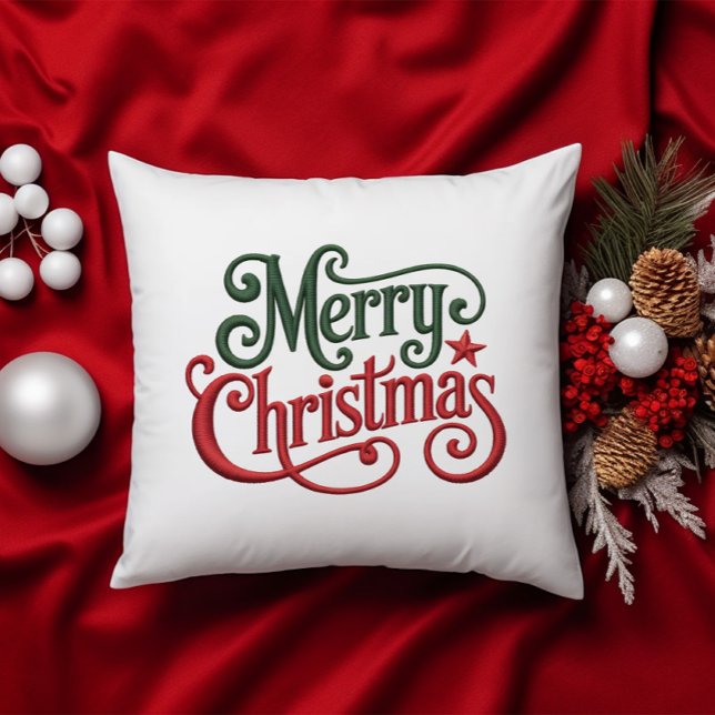 Merry Christmas Retro Embroidery Typography Cushion (Creator Uploaded)