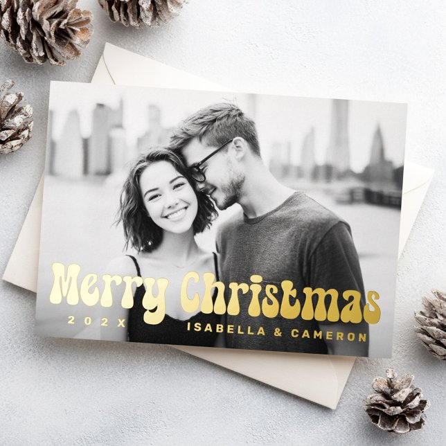 Merry Christmas retro font name year photo (Merry Christmas retro font name year photo Foil Holiday Card)