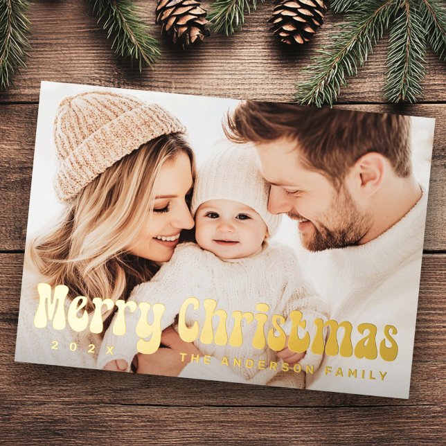 Merry Christmas retro font pine green photo (Merry Christmas retro font pine green photo Foil Holiday Card)