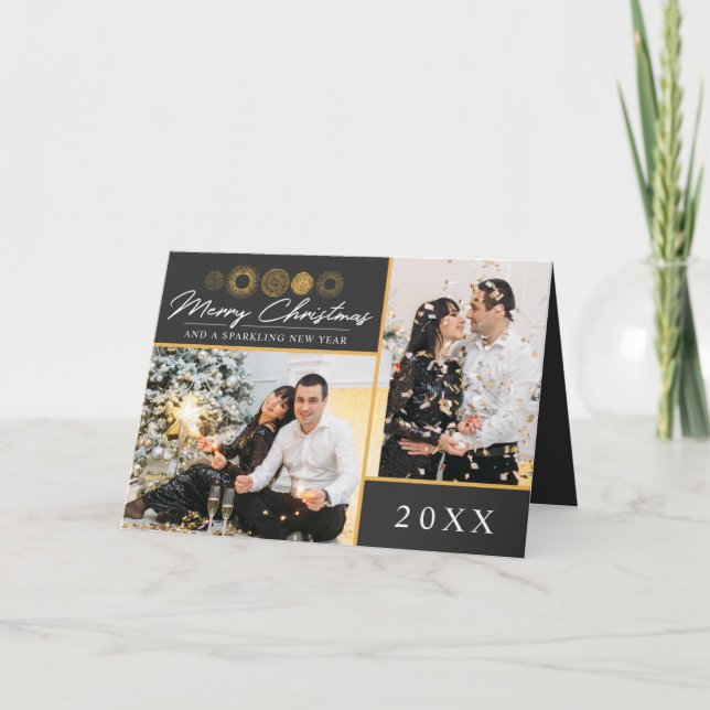 Merry Christmas Retro Gold Burst Photo Greeting Card (Front)